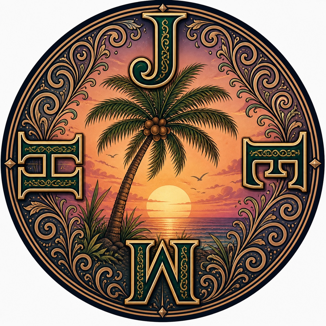 JEMH’s ornate green and gold emblem surrounding a palm tree at sunset